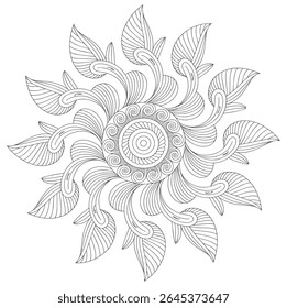A grayscale mandala features intricate floral patterns with swirling leaves and concentric circles. The design is detailed and uses thin lines creating a sense of delicate complexity.