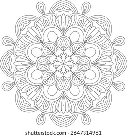 A grayscale mandala features an intricate floral design with a circular pattern of detailed lines and symmetrical shapes creating a decorative ornament.
