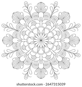Uma mandala em tons de cinza apresenta um intrincado design floral com um padrão circular. A imagem é composta de linhas finas criando uma forma de flor detalhada e simétrica contra um fundo branco.