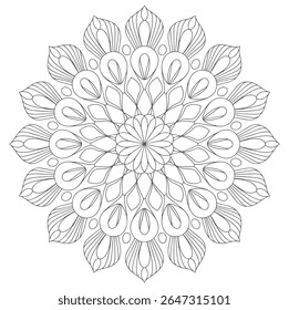 A grayscale mandala features an intricate floral pattern in a circular design The pattern is composed of detailed lines creating a symmetrical and geometric effect against a white background