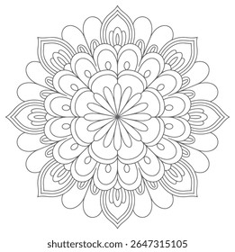 A grayscale mandala features an intricate floral pattern in a circular design The image is composed of detailed lines creating a symmetrical and ornate effect against a white background.