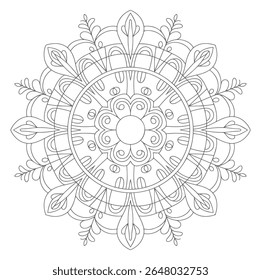 Uma mandala em tons de cinza apresenta um intrincado padrão floral com formas e linhas simétricas criando um design circular em um fundo branco. O estilo é detalhado e adequado para coloração.
