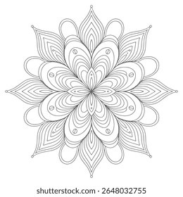 A grayscale mandala features an intricate floral pattern composed of layered concentric lines and circles creating a detailed design against a white background. The style is geometric and decorative.