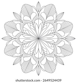 Uma mandala em tons de cinza apresenta um intrincado padrão floral com elementos de design simétricos. A imagem usa linhas cinza finas contra um fundo branco, criando uma composição detalhada e equilibrada.