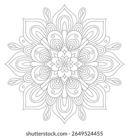 A grayscale mandala features an intricate floral pattern with symmetrical swirls and curves The design is composed of fine lines creating a detailed and decorative effect.