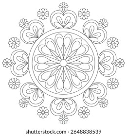 Uma mandala em tons de cinza apresenta um intrincado padrão de flores e corações dispostos simetricamente em torno de um círculo central. O estilo é simples arte de linha adequada para colorir.