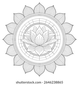 A grayscale mandala featuring a central lotus flower surrounded by a circular pattern of petals and geometric details. The style is intricate and detailed with fine lines creating a symmetrical .