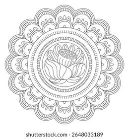 A grayscale mandala featuring a central lotus flower surrounded by intricate circular patterns. The design is symmetrical and detailed with varying line weights creating depth.