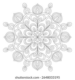 A grayscale mandala with intricate line art detailing concentric circles swirls and petal like shapes on a white background.