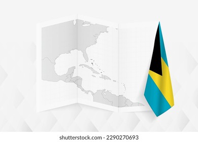 A grayscale map of The Bahamas with a hanging Bahamian flag on one side. Vector map for many types of news. Vector illustration.