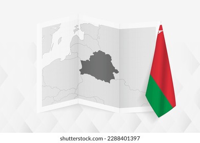 A grayscale map of Belarus with a hanging Belarusian flag on one side. Vector map for many types of news. Vector illustration.
