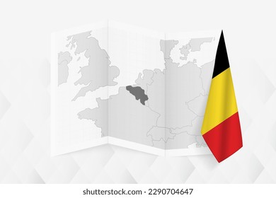 A grayscale map of Belgium with a hanging Belgian flag on one side. Vector map for many types of news. Vector illustration.