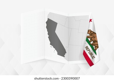 Un mapa en escala de grises de California con una bandera colgante en un lado. Mapa vectorial para muchos tipos de noticias. Ilustración vectorial.