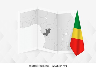 A grayscale map of Congo with a hanging Congolese flag on one side. Vector map for many types of news. Vector illustration.