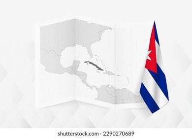 A grayscale map of Cuba with a hanging Cuban flag on one side. Vector map for many types of news. Vector illustration.