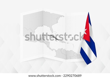 A grayscale map of Cuba with a hanging Cuban flag on one side. Vector map for many types of news. Vector illustration.