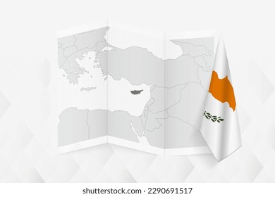 A grayscale map of Cyprus with a hanging Cypriot flag on one side. Vector map for many types of news. Vector illustration.