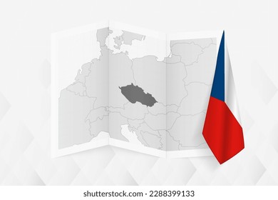 Mapa de escala de grises de la República Checa con una bandera checa colgada de un lado. Mapa vectorial para muchos tipos de noticias. Ilustración vectorial.