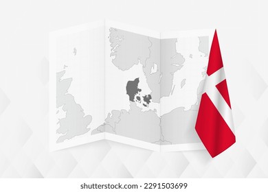 Eine graue Karte von Dänemark mit einer hängenden dänischen Flagge auf einer Seite. Vektorplan für viele Neuigkeiten. Vektorgrafik.