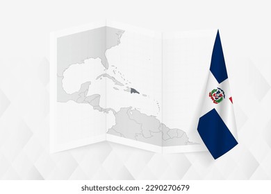 A grayscale map of Dominican Republic with a hanging Dominican flag on one side. Vector map for many types of news. Vector illustration.