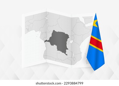 A grayscale map of DR Congo with a hanging DR Congolese flag on one side. Vector map for many types of news. Vector illustration.