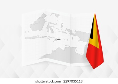 A grayscale map of East Timor with a hanging East Timorese flag on one side. Vector map for many types of news. Vector illustration.