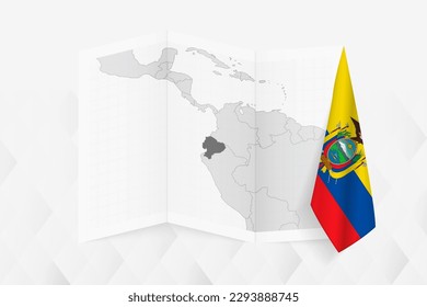 A grayscale map of Ecuador with a hanging Ecuadorian flag on one side. Vector map for many types of news. Vector illustration.