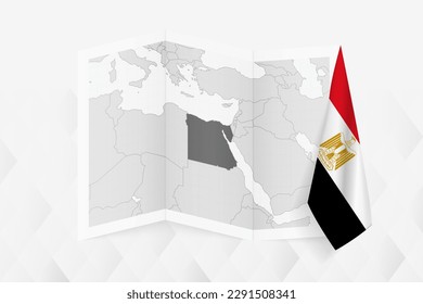 Eine graue Karte Ägyptens mit einer hängenden ägyptischen Flagge auf einer Seite. Vektorplan für viele Neuigkeiten. Vektorgrafik.