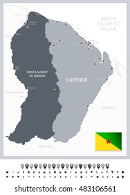 Grayscale map of French Guiana with map pointers.