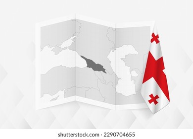 A grayscale map of Georgia with a hanging Georgian flag on one side. Vector map for many types of news. Vector illustration.