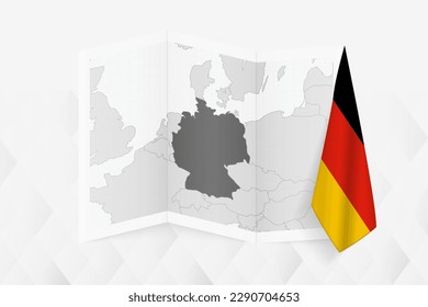 Eine graue Karte Deutschlands mit einer hängenden deutschen Flagge auf einer Seite. Vektorplan für viele Neuigkeiten. Vektorgrafik.