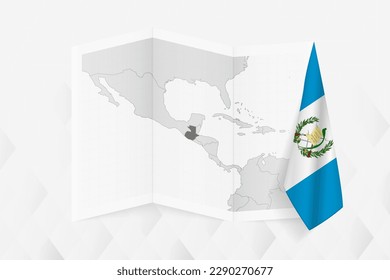 A grayscale map of Guatemala with a hanging Guatemalan flag on one side. Vector map for many types of news. Vector illustration.