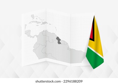 A grayscale map of Guyana with a hanging Guyanese flag on one side. Vector map for many types of news. Vector illustration. svg