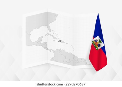 A grayscale map of Haiti with a hanging Haitian flag on one side. Vector map for many types of news. Vector illustration.