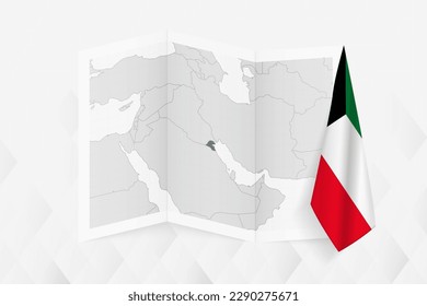 Mapa en escala de grises de Kuwait con una bandera kuwaití colgada de un lado. Mapa vectorial para muchos tipos de noticias. Ilustración vectorial.