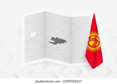 A grayscale map of Kyrgyzstan with a hanging Kyrgyzstani flag on one side. Vector map for many types of news. Vector illustration.