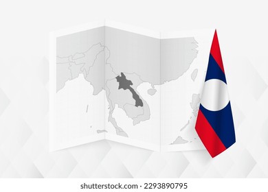Mapa de escala de grises de Laos con una bandera laosiana colgando de un lado. Mapa vectorial para muchos tipos de noticias. Ilustración vectorial.