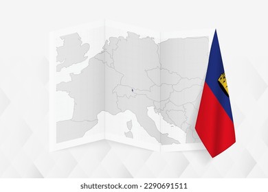 Eine graue Karte von Liechtenstein mit einer hängenden Liechtenstein-Flagge auf einer Seite. Vektorplan für viele Neuigkeiten. Vektorgrafik.