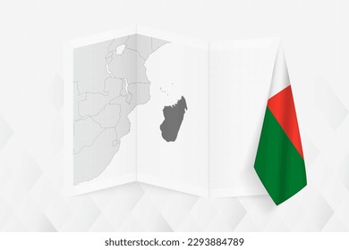 Mapa de Madagascar en escala de grises con una bandera de Madagascar colgando por un lado. Mapa vectorial para muchos tipos de noticias. Ilustración vectorial.