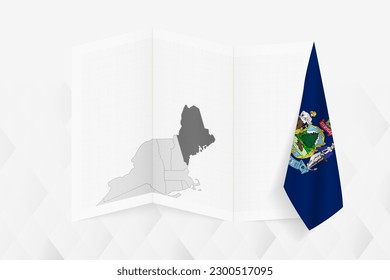 A grayscale map of Maine with a hanging Maine flag on one side. Vector map for many types of news. Vector illustration.