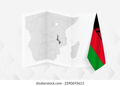 A grayscale map of Malawi with a hanging Malawian flag on one side. Vector map for many types of news. Vector illustration.