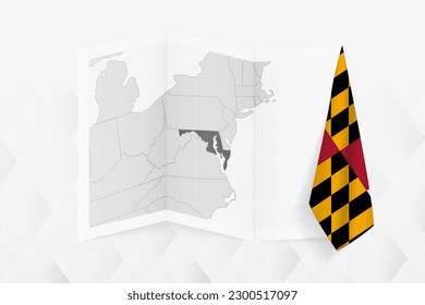 Eine graue Karte von Maryland mit einer hängenden Maryland-Flagge auf einer Seite. Vektorplan für viele Neuigkeiten. Vektorgrafik.