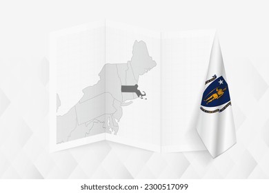 A grayscale map of Massachusetts with a hanging Massachusetts flag on one side. Vector map for many types of news. Vector illustration.