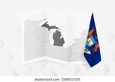 A grayscale map of Michigan with a hanging Michigan flag on one side. Vector map for many types of news. Vector illustration.