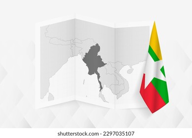 A grayscale map of Myanmar with a hanging Myanmar flag on one side. Vector map for many types of news. Vector illustration.