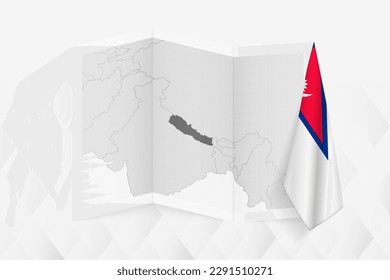 Mapa de escala de grises de Nepal con una bandera de Nepal colgando de un lado. Mapa vectorial para muchos tipos de noticias. Ilustración vectorial.