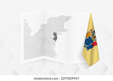 A grayscale map of New Jersey with a hanging New Jersey flag on one side. Vector map for many types of news. Vector illustration.