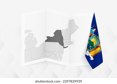 A grayscale map of New York with a hanging New York flag on one side. Vector map for many types of news. Vector illustration.