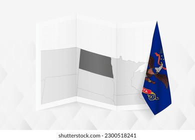 Eine graue Karte von North Dakota mit einer hängenden North Dakota Fahne auf einer Seite. Vektorplan für viele Neuigkeiten. Vektorgrafik.