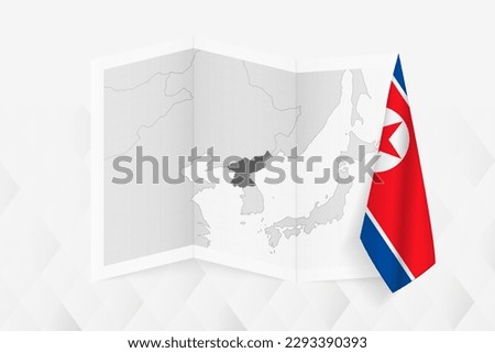 A grayscale map of North Korea with a hanging North Korean flag on one side. Vector map for many types of news. Vector illustration.